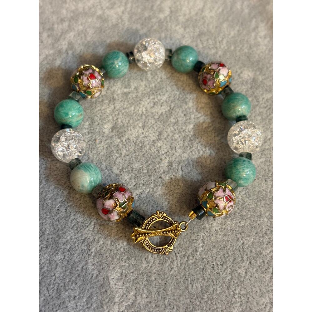 Vintage Cloisonné Beaded Bracelet Floral Enamel Toggle Clasp